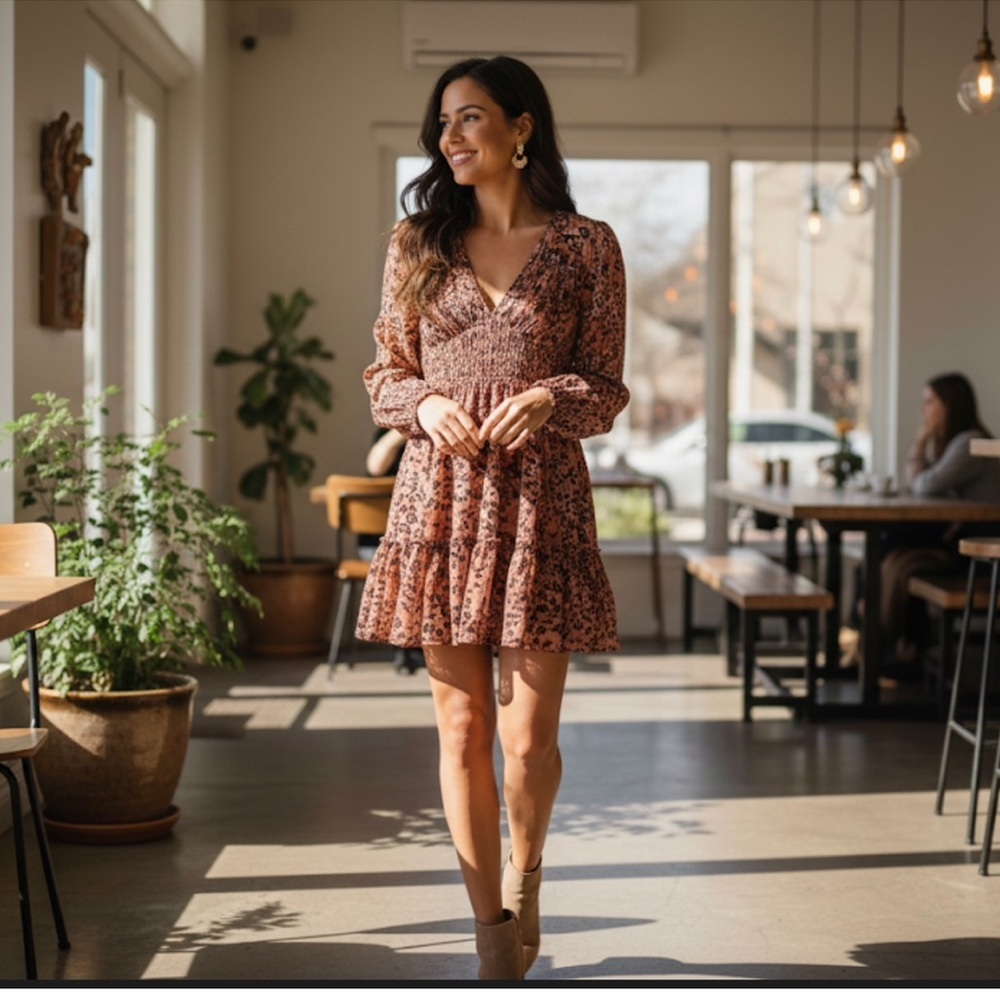Beach Lunch Lounge Boho Floral Smocked Mini Long Sleeve Size Small